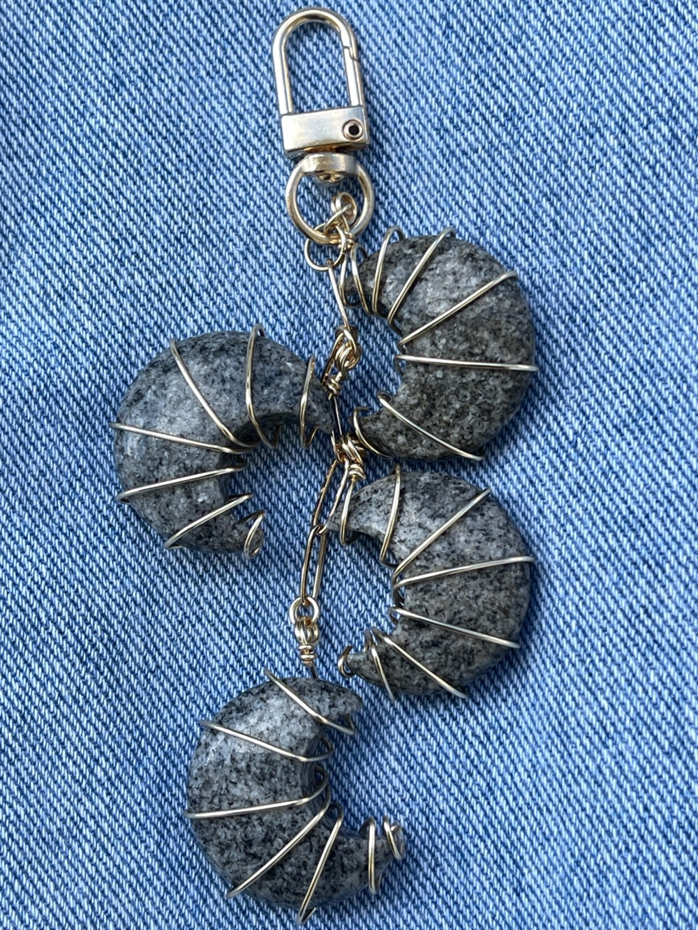 Diorite Grey & Black Speckled Moon Gold Wire-Wrapped Bag Charm